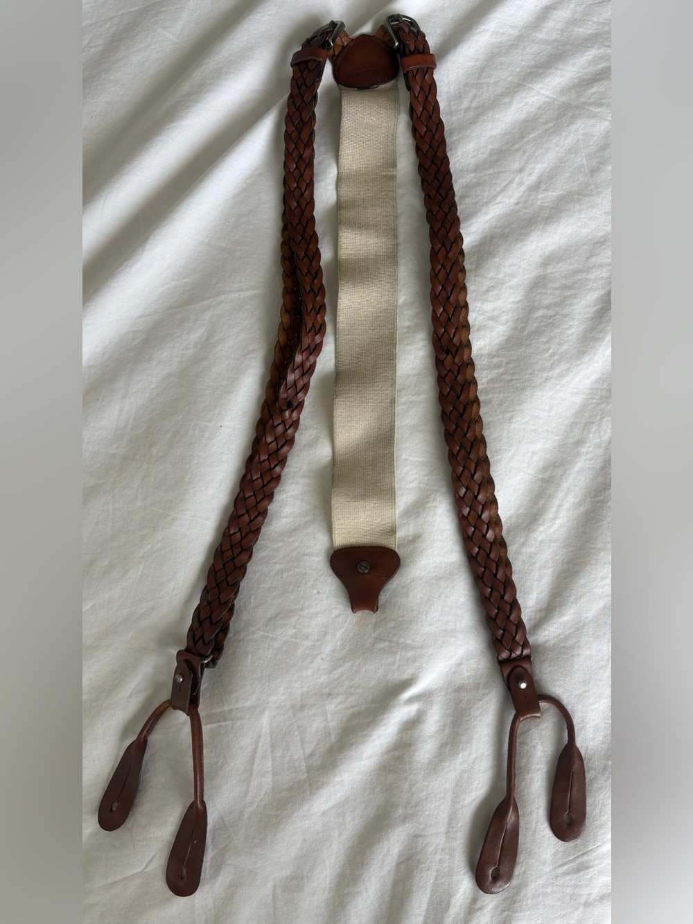 VTG Braided Leather Suspenders Y-Back Button End Brown Elastic Trim Braces Boho